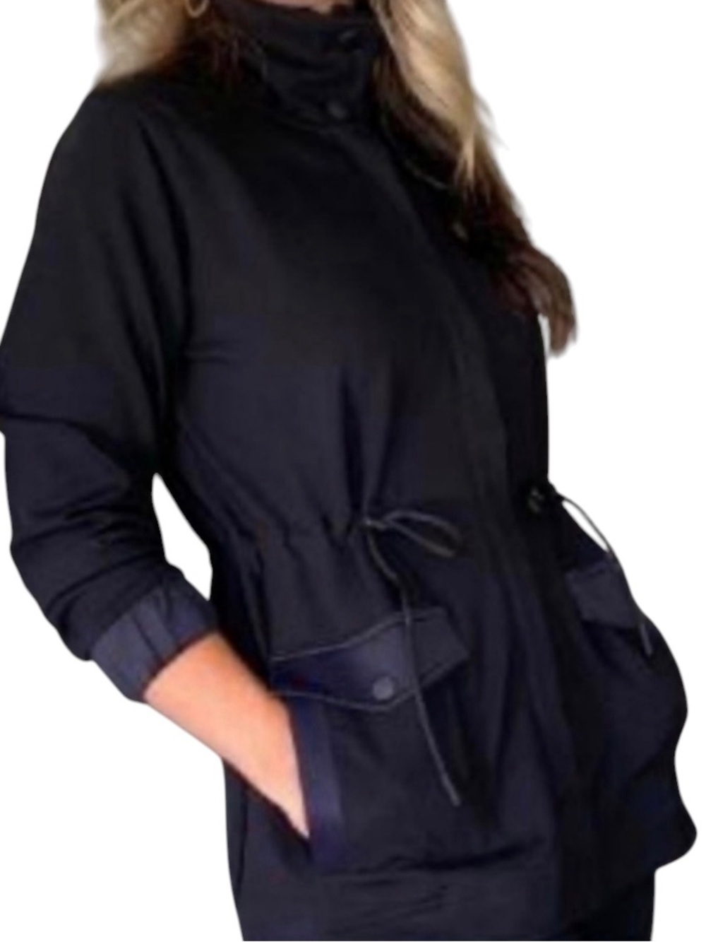 NWT CAbi Black Utility Anorak Tuxedo parka Jacket 2 way zipper longline sz small